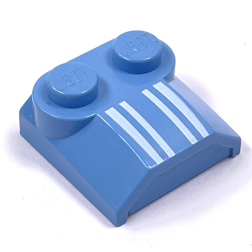 Visuel indicatif Rebrickable de Brique courbée 2 x 2 x 2/3 Deux tenons et Lip End avec quatre lignes blanches motif imprimé (Brick Curved 2 x 2 x 2/3 Two Studs and Lip End with Four White Lines Print)