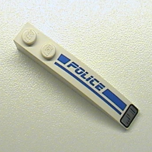 Visuel indicatif Rebrickable de Brique courbée 6 x 1 avec 'POLICE', ligne bleue et motif imprimé phare à droite (Brick Curved 6 x 1 with 'POLICE', Blue Line and Headlight Print Right)