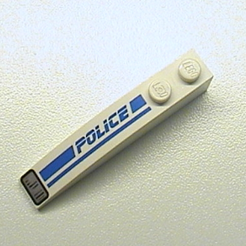 Visuel indicatif Rebrickable de Brique courbée 6 x 1 avec 'POLICE', ligne bleue et motif imprimé phare gauche (Brick Curved 6 x 1 with 'POLICE', Blue Line and Headlight Print Left)