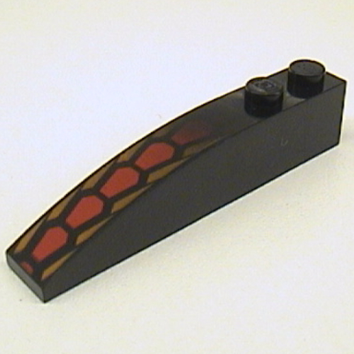 Visuel indicatif Rebrickable de Brique courbée 6 x 1 avec échelles rouges et oranges à répétition (Brick Curved 6 x 1 with Repeating Red and Orange Scales Print)