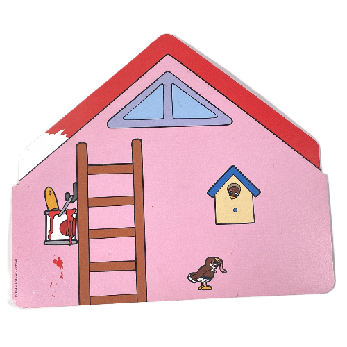 Visuel indicatif Rebrickable de Toile de fond, maison, murs roses, échelle avec pot de peinture / murs orange, étagère avec horloge et livres, et affiches motif imprimé (Backdrop, House, Pink Walls, Ladder with Paint Pot / Orange Walls, Shelf with Clock and Books, and Posters Print)
