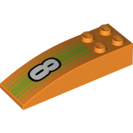 Visuel indicatif Rebrickable de Brique courbée 6 x 2 avec motif imprimé blanc '8' et rayures vert citron (Brick Curved 6 x 2 with White '8' and Lime Stripes Print)