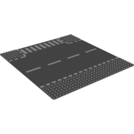 Visuel indicatif Rebrickable de Plaque de base 32 x 32 avec 6-point t intersection et la route avec des lignes pointillées blanches et motif imprimé passage pour piétons (Baseplate 32 x 32 with 6-Stud T Intersection and Road with White Dashed Lines and Crosswalk Print)