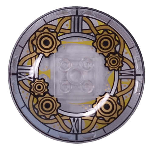 Visuel indicatif Rebrickable de Plat 6 x 6 inversé (radar) avec horloge, poutres gris bleuté clair, engrenages dorés motif imprimé (Dish 6 x 6 Inverted (Radar) with Clock, Light Bluish Grey Beams, Gold Gears Print)