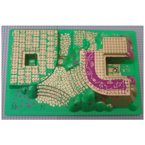 Visuel indicatif Rebrickable de Plaque de base surélevée 32 x 48 x 6 avec marches avant et arrière et motif imprimé palais or et magenta (Baseplate Raised 32 x 48 x 6 with Front and Back Steps and Gold and Magenta Palace Print)