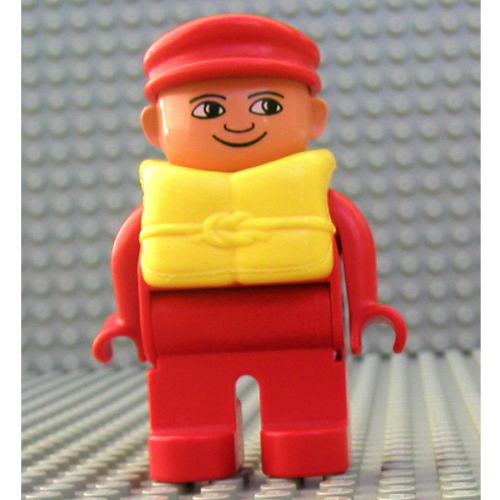 Visuel indicatif Rebrickable de Figurine Duplo, tôt, avec casquette plate rouge, jambes rouges, gilet de sauvetage jaune (Duplo Figure, Early, with Flat Cap Red, Red Legs, Yellow Life Jacket)