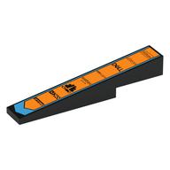 Visuel indicatif Rebrickable de Brique inclinée 1 x 6 x 1 avec 1 x 2 x 1/3 découpe avec des carrés orange, forme azur, logos de parrainage noir imprimé (Brick Sloped 1 x 6 x 1 with 1 x 2 x 1/3 Cutout with Orange Squares, Azure Shape, Black Sponsorship Logos Print)