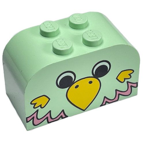 Visuel indicatif Rebrickable de Brique courbée 2 x 4 x 2 doubles avec tête de perroquet, bec jaune, motif imprimé plumes roses (Brick Curved 2 x 4 x 2 Double with Parrot Head, Yellow Beak, Pink Feathers Print)