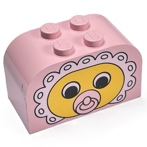 Visuel indicatif Rebrickable de Brique courbée 2 x 4 x 2 double avec tétine bébé visage motif imprimé (Brick Curved 2 x 4 x 2 Double with Baby Face Pacifier Print)