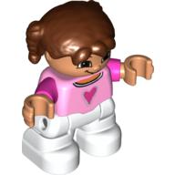 Visuel indicatif Rebrickable de Duplo Figurine Enfant avec Pigtails Marron Rougeâtre, avec haut Rose Brillant avec cœur et Manches Rose Foncé - Pieds Blancs (Duplo Figure Child with Pigtails Reddish Brown, with Bright Pink Top with Dark Pink Heart and Sleeves - White Legs)