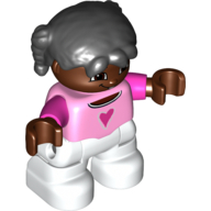 Visuel indicatif Rebrickable de Duplo Figurine Enfant avec Pigtails Noir, avec haut Rose Lumineux avec cœur et Manches Rose Foncé - Brun Foncé Visage et Mains - Pieds Blancs (Duplo Figure Child with Pigtails Black, with Bright Pink Top with Dark Pink Heart and Sleeves - Dark Brown Face and Hands - White Legs)