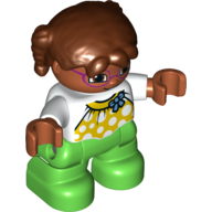 Visuel indicatif Rebrickable de Duplo figurine enfant avec des tresses brun rougeâtre, avec licol jaune avec des points blancs et arc bleu sur le haut blanc à manches longues - visage nougat moyen avec des lunettes magenta - jambes vertes (Duplo Figure Child with Pigtails Reddish Brown, with Yellow Halter Top with White Dots and Blue Bow over White Long Sleeve Top - Medium Nougat Face with Magenta Glasses - Green Legs)