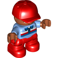 Visuel indicatif Rebrickable de Duplo figurine enfant avec casquette rouge, avec chemise bleue moyenne avec rayures blanches rouges bleu - Nougat moyen visage et mains - jambes rouges (Duplo Figure Child with Cap Red, with Medium Blue Shirt with White Red Blue Stripes - Medium Nougat Face and Hands - Red Legs)