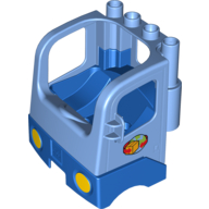 Visuel indicatif Rebrickable de Duplo camion semi-tracteur cabine avec base bleue et boîte et flèches et globe motif imprimé (Duplo Truck Semi-Tractor Cab with Blue Base and Box and Arrows and Globe Print)