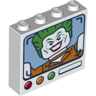 Visuel indicatif Rebrickable de Brique 1 x 4 x 3 avec écran de télévision, Joker, rouge, orange, motif imprimé bouton vert (Brick 1 x 4 x 3 with TV Screen, Joker, Red, Orange, Green Button Print)