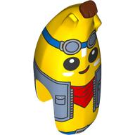Costume moitié banane avec des Googles argent et sable vert, veste en denim, bandana rouge, motif imprimé haut brun rougeâtre (Costume Banana Half with Silver and Sand Green Googles, Denim Jacket, Red Bandana, Reddish Brown Top Print)