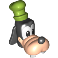Tête de minifigurine spéciale avec grand nez et deux dents blanches, et petit motif imprimé chapeau de vert citron (goofy) (Minifig Head Special with Large Nose and Two White Teeth, and Small Lime Hat Print (Goofy))