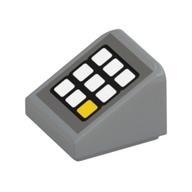 Visuel indicatif Rebrickable de Brique inclinée 30° 1 x 1 x 2/3 avec clavier, 8 boutons blancs, 1 motif imprimé jaune (Brick Sloped 30° 1 x 1 x 2/3 with Keypad, 8 White Buttons, 1 Yellow Print)