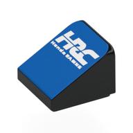 Visuel indicatif Rebrickable de Brique inclinée 30° 1 x 1 x 2/3 avec motif imprimé blanc 'HRC Honda RACING' sur fond bleu (Brick Sloped 30° 1 x 1 x 2/3 with White 'HRC Honda RACING' on Blue Background Print)