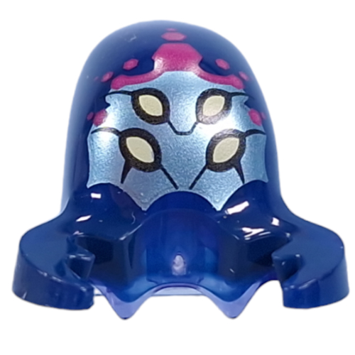 Tête de minifigurine Alien avec tête étirée, avec motif griffes bleu foncé, visage vert sable métallique, 4 yeux jaune clair vif, motif imprimé hexagones magenta (Minifig Head Alien with Stretched Head, with Dark Blue Claws Pattern, Metal Sand Green Face, 4 Bright Light Yellow Eyes, Magenta Hexagons Print)
