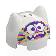 Brique ronde 2 x 2 dôme haut avec 2 oreilles avec visage de chat beige, yeux blancs, nez rose foncé, sourcils violet foncé, bouche, jaune/bleu moyen/rose foncé/rayures violet foncé motif imprimé (Brick Round 2 x 2 Dome Top with 2 Ears with Tan Cat Face, White Eyes, Dark Pink Nose, Dark Purple Eyebrows, Mouth, Yellow/Medium Blue/Dark Pink/Dark Purple Streaks Print)