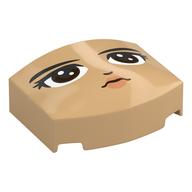 Visuel indicatif Rebrickable de Brique ronde 3 x 4, triple courbe, sans tenons avec visage, sourcils noirs, yeux bruns foncés, lèvres nougat, motif imprimé regard vers l'avant (Brick Round 3 x 4, Curved Triple, No Studs with Face, Black Eyebrows, Dark Brown Eyes, Nougat Lips, Forward Look Print)