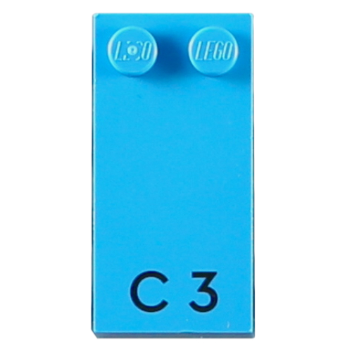 Visuel indicatif Rebrickable de Braille brique 2 x 4 avec 2 motifs imprimés tenons ⠉ et 'C 3' (Braille Brick 2 x 4 with 2 Studs ⠉ and 'C 3' Print)