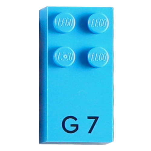 Visuel indicatif Rebrickable de Braille brique 2 x 4 avec motif imprimé 4 tenons ⠛ et 'G 7' (Braille Brick 2 x 4 with 4 Studs ⠛ and 'G 7' Print)