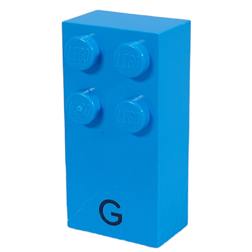 Visuel indicatif Rebrickable de Braille brique 2 x 4 avec motif imprimé 4 tenons ⠛ et 'G' (Braille Brick 2 x 4 with 4 Studs ⠛ and 'G' Print)