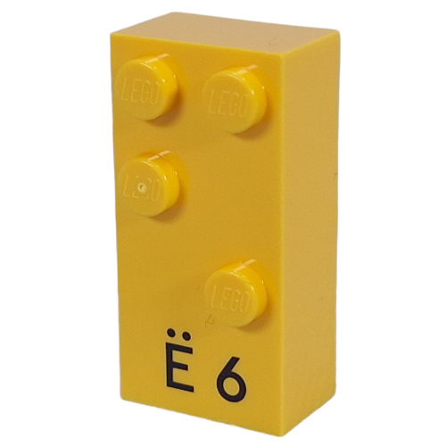 Visuel indicatif Rebrickable de Braille brique 2 x 4 avec motif imprimé 4 tenons ⠫ et 'Ë 6' (Braille Brick 2 x 4 with 4 Studs ⠫ and 'Ë 6' Print)