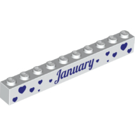 Visuel indicatif Rebrickable de Brique 1 x 10 avec motif imprimé violet foncé 'January' et 'February' sur les côtés opposés (Brick 1 x 10 with Dark Purple 'January' and 'February' Print on Opposite Sides)