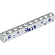 Visuel indicatif Rebrickable de Brique 1 x 10 avec motif imprimé violet foncé 'March' et 'April' sur les côtés opposés (Brick 1 x 10 with Dark Purple 'March' and 'April' on Opposite Sides Print)