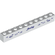 Visuel indicatif Rebrickable de Brique 1 x 10 avec motif imprimé violet foncé 'July' et 'August' sur les côtés opposés (Brick 1 x 10 with Dark Purple 'July' and 'August' Print on Opposite Sides)
