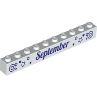 Visuel indicatif Rebrickable de Brique 1 x 10 avec motif imprimé violet foncé 'September' et 'October' sur les côtés opposés (Brick 1 x 10 with Dark Purple 'September' and 'October' Print on Opposite Sides)