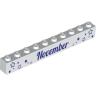 Visuel indicatif Rebrickable de Brique 1 x 10 avec motif imprimé violet foncé 'November' et 'December' sur les côtés opposés (Brick 1 x 10 with Dark Purple 'November' and 'December' Print on Opposite Sides)