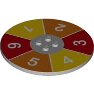 Visuel indicatif Rebrickable de Plaque Rond spécial 8 x 8 avec 2 x 2 Centre tenons avec '1', '2', '3', '4', '5', '6' (Plate Special Round 8 x 8 with 2 x 2 Center Studs with '1', '2', '3', '4', '5', '6' Spinning Wheel Print)