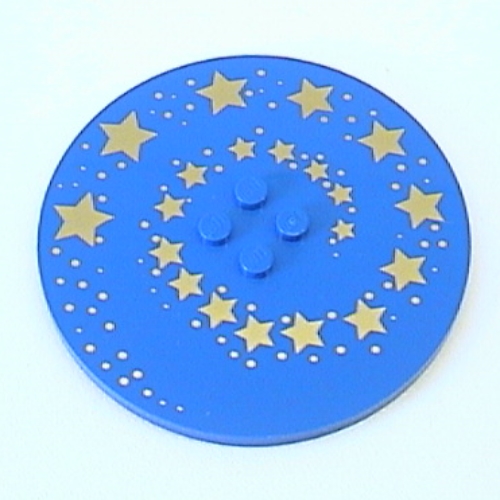 Visuel indicatif Rebrickable de Plaque Ronde spéciale 8 x 8 avec 2 x 2 Centre tenons avec motif doré (Plate Special Round 8 x 8 with 2 x 2 Center Studs with Gold Swirling Stars Print)