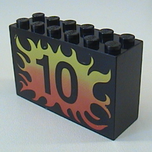 Visuel indicatif Rebrickable de Brique 2 x 6 x 3 avec flamme, motif imprimé noir '10' (Brick 2 x 6 x 3 with Flame, Black '10' Print)