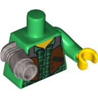 Chemise à carreaux torse et gilet brun foncé motif imprimé (jack mchammer), vert bras gauche avec main jaune, plat mech argent bras droit (Torso Checkered Shirt and Dark Brown Vest Print (Jack McHammer), Green Left Arm with Yellow Hand, Flat Silver Mech Right Arm)