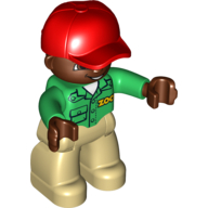 Visuel indicatif Rebrickable de Figurine Duplo avec casquette rouge, avec chemise à manches longues verte avec 'ZOO' sur le devant et le dos, visage et mains brun foncé, jambes beige (Duplo Figure with Cap Red, with Green Long Sleeve Shirt with 'ZOO' on Front and Back, Dark Brown Face and Hands, Tan Legs)