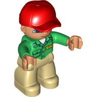 Visuel indicatif Rebrickable de Figurine Duplo avec casquette rouge, avec chemise verte à manches longues avec 'ZOO' sur le devant et le dos - jambes beige (Duplo Figure with Cap Red, with Green Long Sleeve Shirt with 'ZOO' on Front and Back - Tan Legs)
