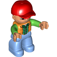 Visuel indicatif Rebrickable de Figurine Duplo avec casquette rouge, avec gilet orange sur chemise verte à manches longues - jambes bleues moyennes (Duplo Figure with Cap Red, with Orange Vest over Green Long Sleeve Shirt - Medium Blue Legs)