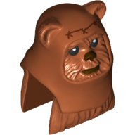 Tête de minifigurine spéciale, ewok avec capuche orange foncé avec surpiqûres marron rougeâtre motif imprimé (fenêtre) (Minifig Head Special, Ewok with Dark Orange Hood with Reddish Brown Stitching Print (Wicket))