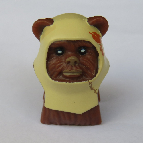 Visuel indicatif Rebrickable de Tête de minifigurine Spécial, Ewok avec capuche beige avec motif imprimé plumes orange foncé (Paploo) (Minifig Head Special, Ewok with Tan Hood with Dark Orange Feathers Print (Paploo))