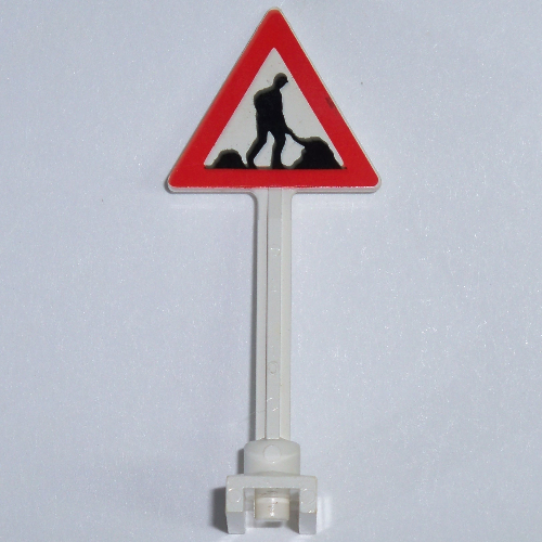 Visuel indicatif Rebrickable de Triangle de signalisation routière avec motif imprimé de travaux routiers - 2 tas de saleté - travailleur épais (Road Sign Triangle with Roadworks Print - 2 Dirt Piles - Thick Worker)