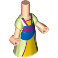 Micro-poupée corps longue robe vert jaunâtre avec la lumière orange clair sous robe, jupe bleue, garniture rose foncé, nougat clair mains (Microdoll Body Long Dress Yellowish Green with Bright Light Orange Under Dress, Blue Skirt, Dark Pink Trim, Light Nougat Hands)
