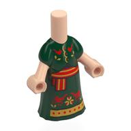 Corps micro-poupée robe longue vert foncé avec ceinture rouge / or, oiseaux motif imprimé (Microdoll Body Long Dress Dark Green with Red/Gold Sash, Birds Print)