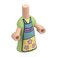 Micro-poupée corps longue robe vert jaunâtre avec tablier bleu, lumineux jaune clair carré, cuivre fleurs, bandes motif imprimé (Microdoll Body Long Dress Yellowish Green with Blue Apron, Bright Light Yellow Square, Copper Flowers, Bands Print)