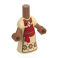 Micro-poupée corps longue robe beige avec ceinture rouge, rouge/rouge foncé avant, motif imprimé de fleurs de cuivre (Microdoll Body Long Dress Tan with Red Sash, Red/Dark Red Front, Copper Flowers Print)