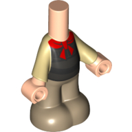 Pantalon de corps micro-poupée beige foncé avec chemise de beige, gilet noir, noeud papillon rouge, nougat clair mains imprimé (Microdoll Body Pants Dark Tan with Tan Shirt, Black Vest, Red Bow Tie, Light Nougat Hands Print)